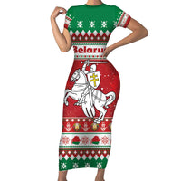 Belarus Pahonia Christmas Short Sleeve Bodycon Dress Belarusian Vytis Knight Xmas Pattern - Wonder Print Shop