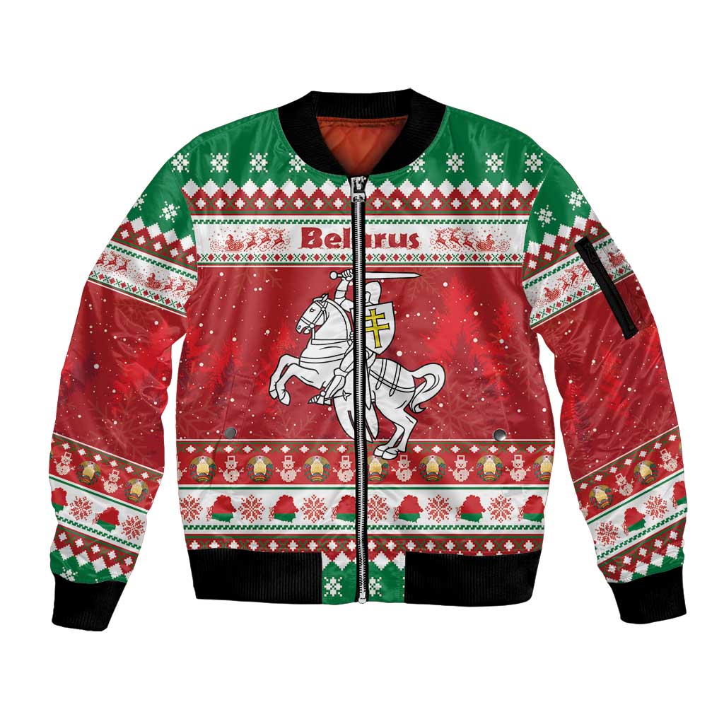 Belarus Pahonia Christmas Sleeve Zip Bomber Jacket Belarusian Vytis Knight Xmas Pattern - Wonder Print Shop