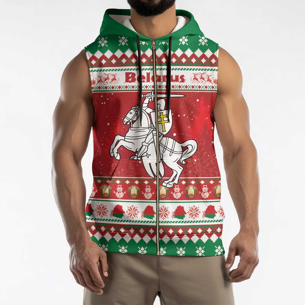 Belarus Pahonia Christmas Sleeveless Zip Hoodie Belarusian Vytis Knight Xmas Pattern - Wonder Print Shop