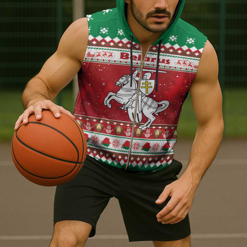 Belarus Pahonia Christmas Sleeveless Zip Hoodie Belarusian Vytis Knight Xmas Pattern - Wonder Print Shop