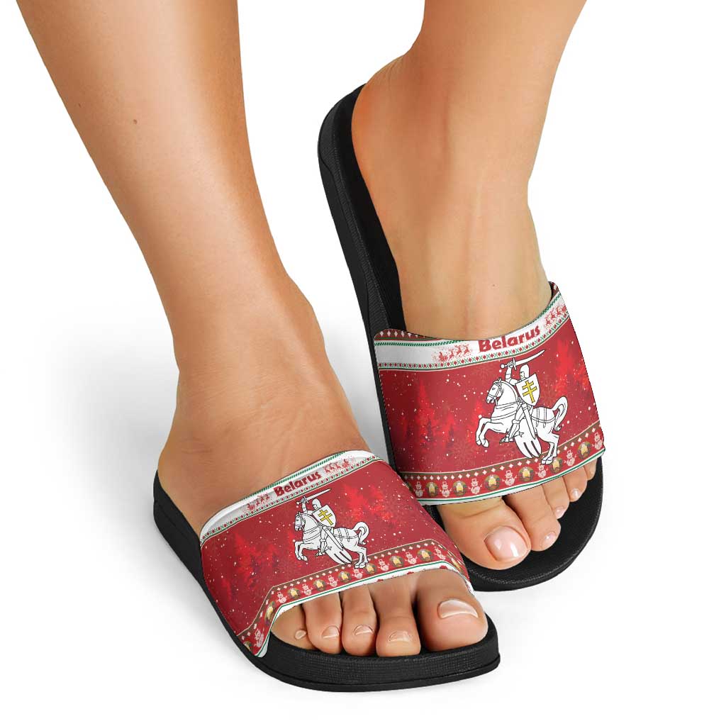 Belarus Pahonia Christmas Slide Sandals Belarusian Vytis Knight Xmas Pattern - Wonder Print Shop