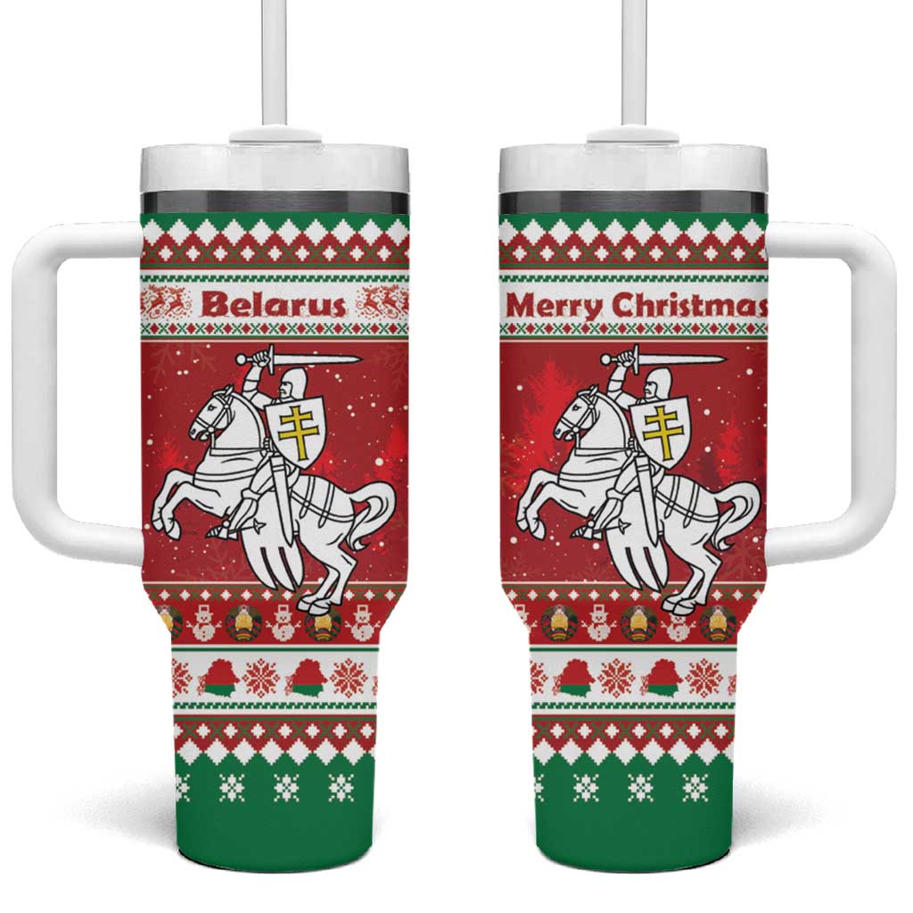 Belarus Pahonia Christmas Tumbler With Handle Belarusian Vytis Knight Xmas Pattern - Wonder Print Shop