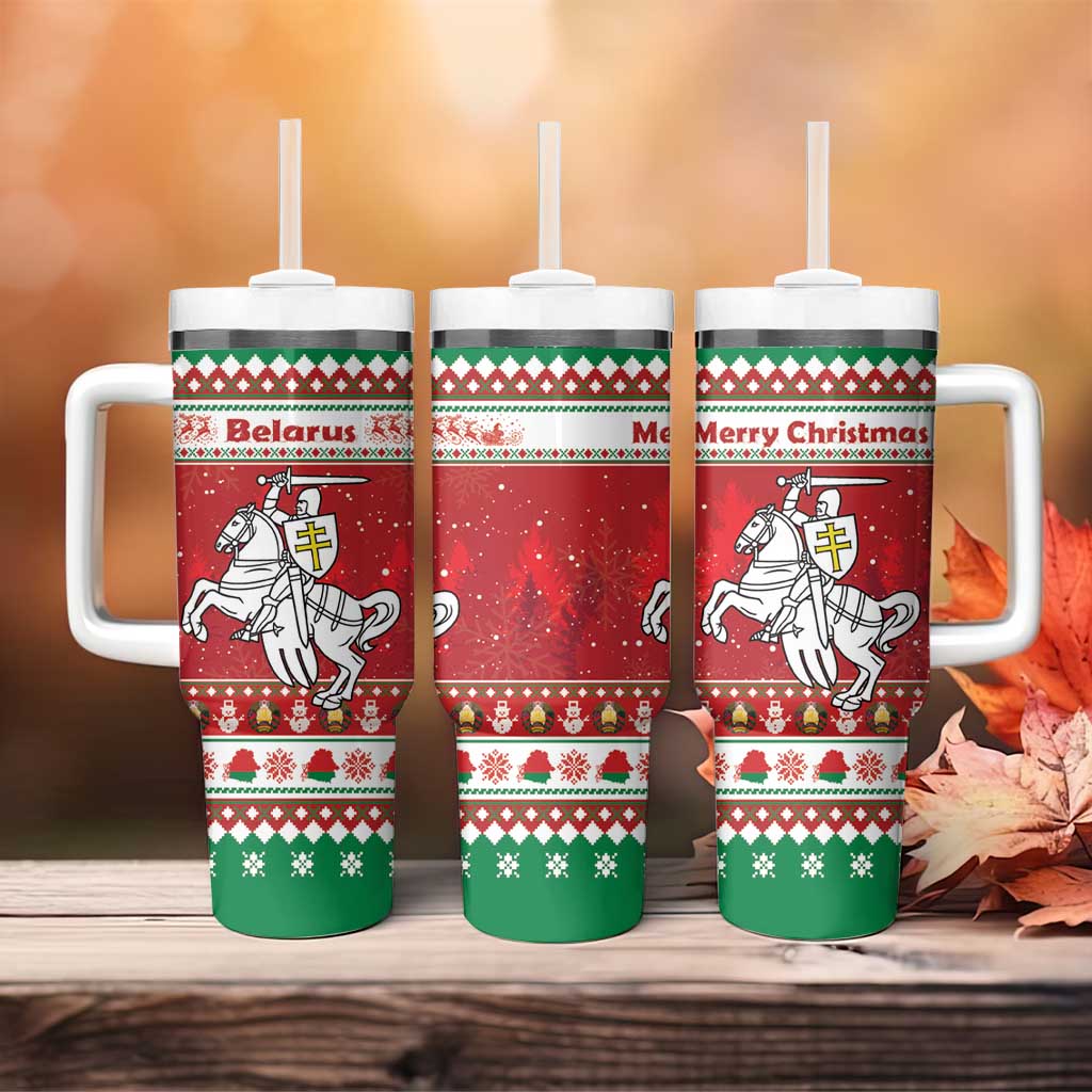 Belarus Pahonia Christmas Tumbler With Handle Belarusian Vytis Knight Xmas Pattern - Wonder Print Shop