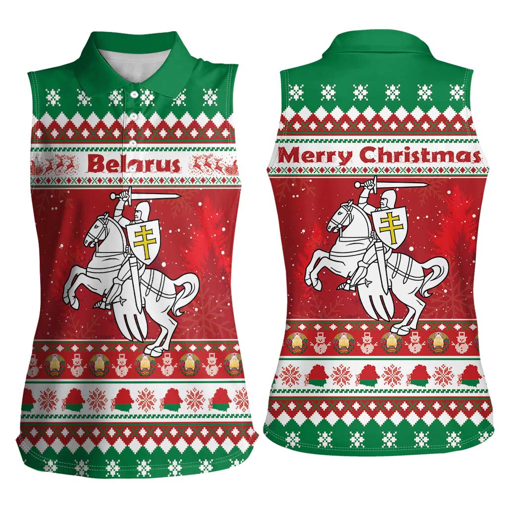Belarus Pahonia Christmas Women Sleeveless Polo Shirt Belarusian Vytis Knight Xmas Pattern - Wonder Print Shop
