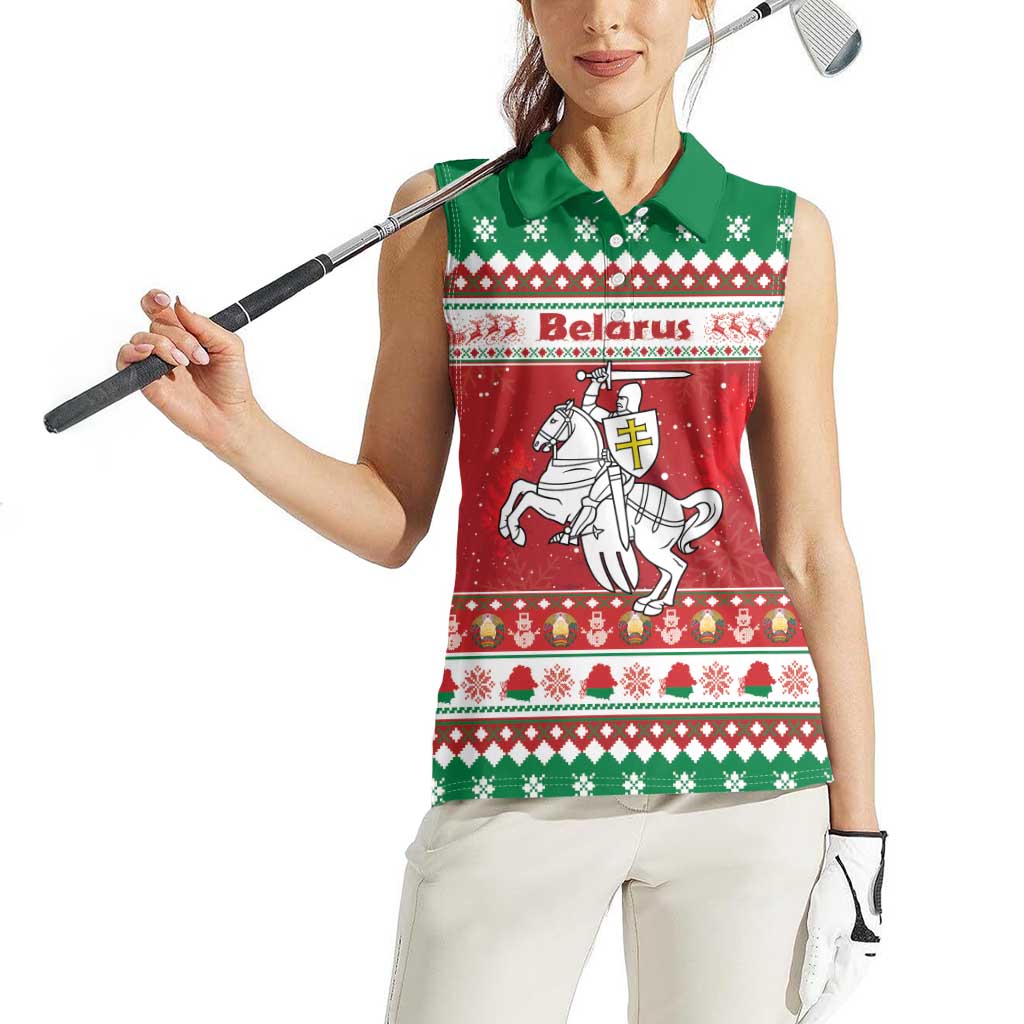 Belarus Pahonia Christmas Women Sleeveless Polo Shirt Belarusian Vytis Knight Xmas Pattern - Wonder Print Shop