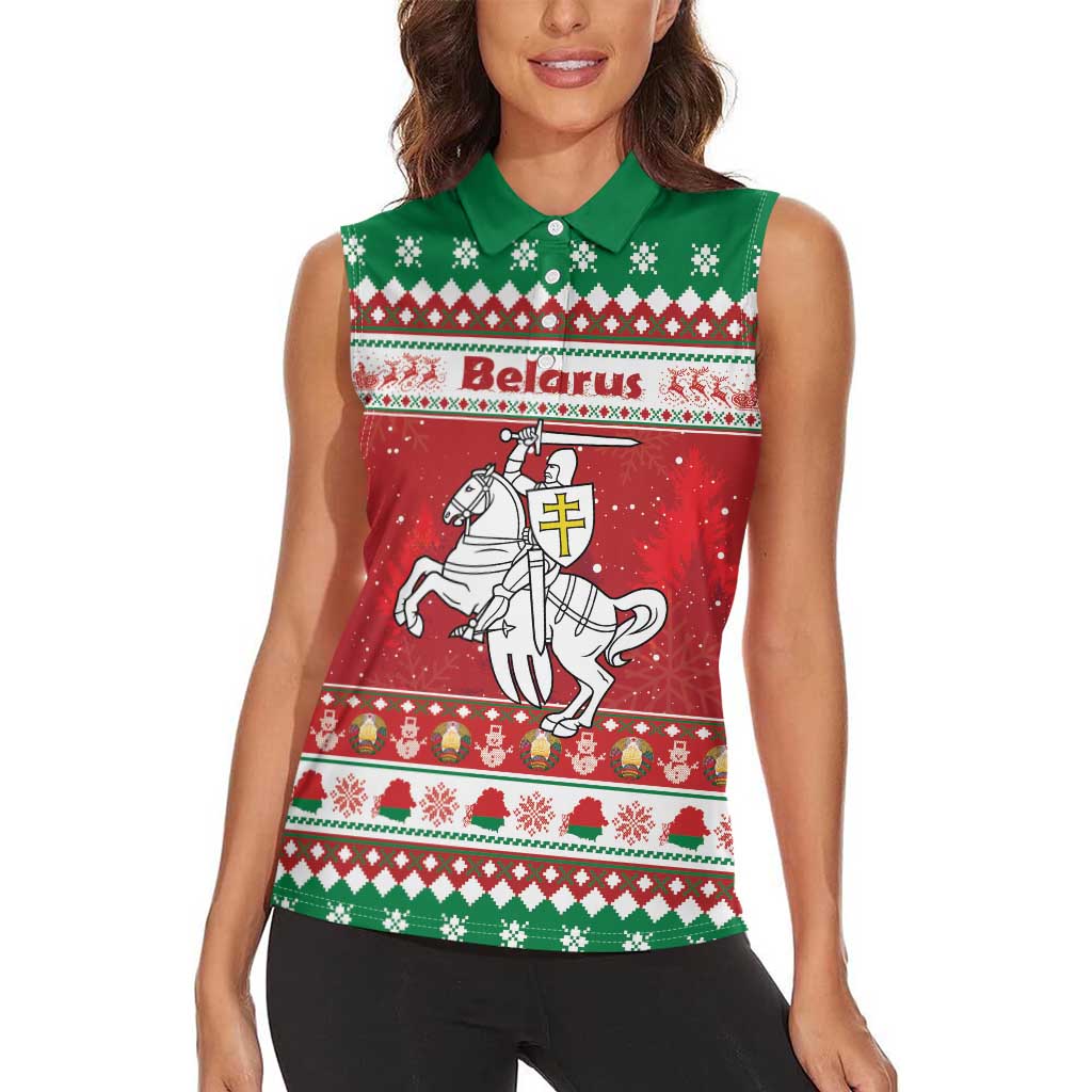 Belarus Pahonia Christmas Women Sleeveless Polo Shirt Belarusian Vytis Knight Xmas Pattern - Wonder Print Shop