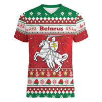 Belarus Pahonia Christmas Women V-Neck T-Shirt Belarusian Vytis Knight Xmas Pattern - Wonder Print Shop