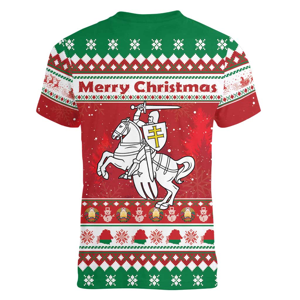 Belarus Pahonia Christmas Women V-Neck T-Shirt Belarusian Vytis Knight Xmas Pattern - Wonder Print Shop