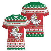 Belarus Pahonia Christmas Women V-Neck T-Shirt Belarusian Vytis Knight Xmas Pattern - Wonder Print Shop