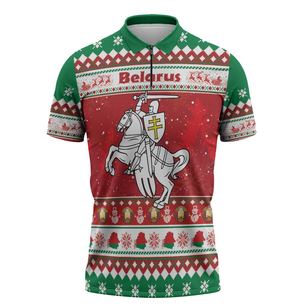 Belarus Pahonia Christmas Zipper Polo Shirt Belarusian Vytis Knight Xmas Pattern - Wonder Print Shop
