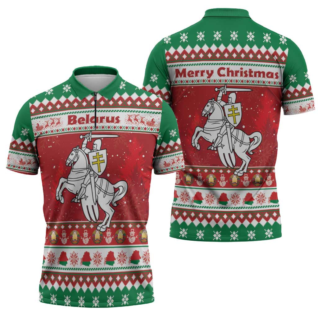 Belarus Pahonia Christmas Zipper Polo Shirt Belarusian Vytis Knight Xmas Pattern - Wonder Print Shop