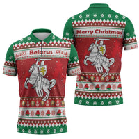 Belarus Pahonia Christmas Zipper Polo Shirt Belarusian Vytis Knight Xmas Pattern - Wonder Print Shop
