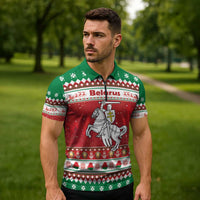 Belarus Pahonia Christmas Zipper Polo Shirt Belarusian Vytis Knight Xmas Pattern - Wonder Print Shop