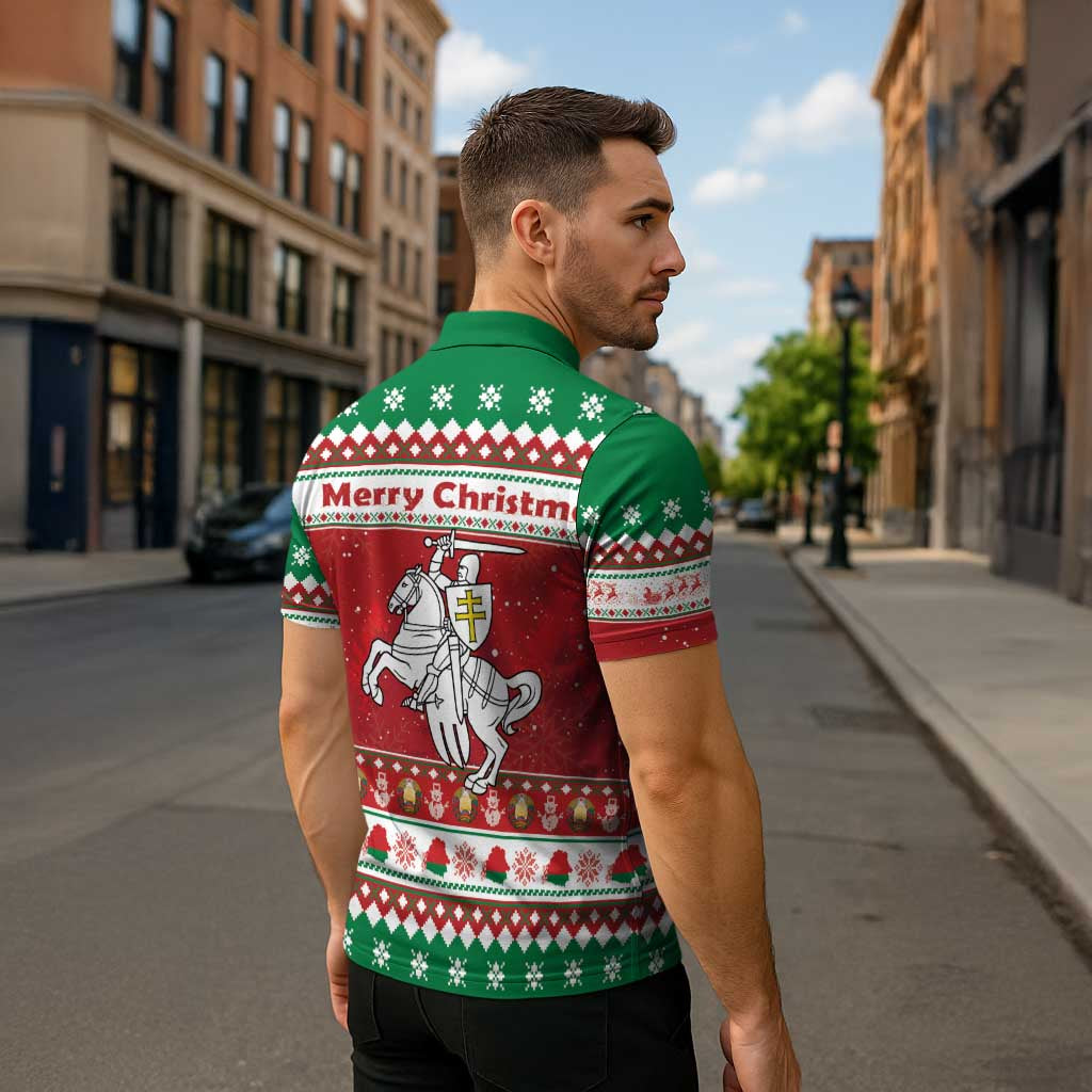Belarus Pahonia Christmas Zipper Polo Shirt Belarusian Vytis Knight Xmas Pattern - Wonder Print Shop