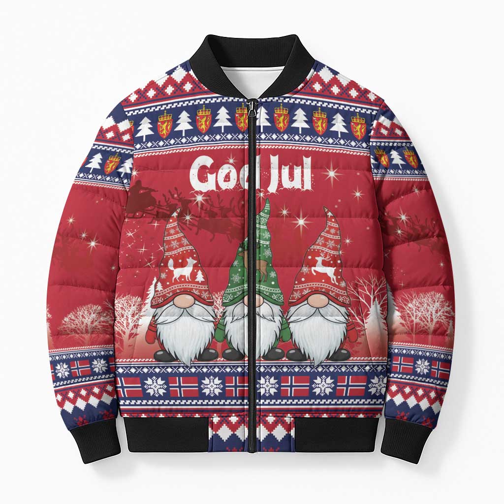 Norway Nisse Christmas Bomber Puffer Jacket God Jul Norwegian Christmas Pattern - Wonder Print Shop