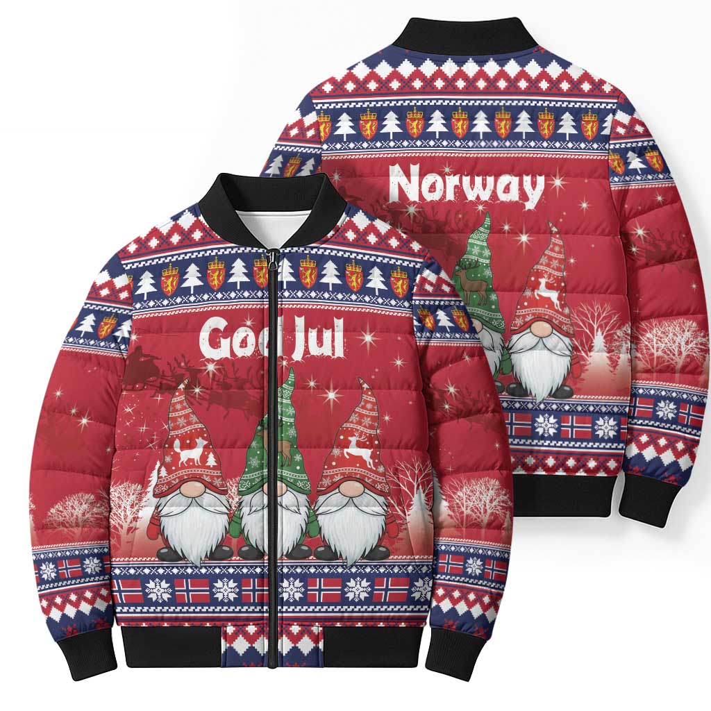 Norway Nisse Christmas Bomber Puffer Jacket God Jul Norwegian Christmas Pattern - Wonder Print Shop