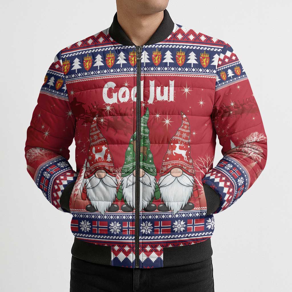 Norway Nisse Christmas Bomber Puffer Jacket God Jul Norwegian Christmas Pattern - Wonder Print Shop