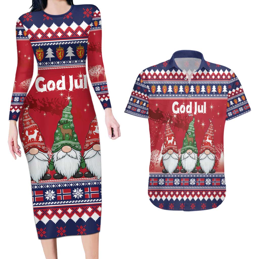 Norway Nisse Christmas Couples Matching Long Sleeve Bodycon Dress and Hawaiian Shirt God Jul Norwegian Christmas Pattern - Wonder Print Shop