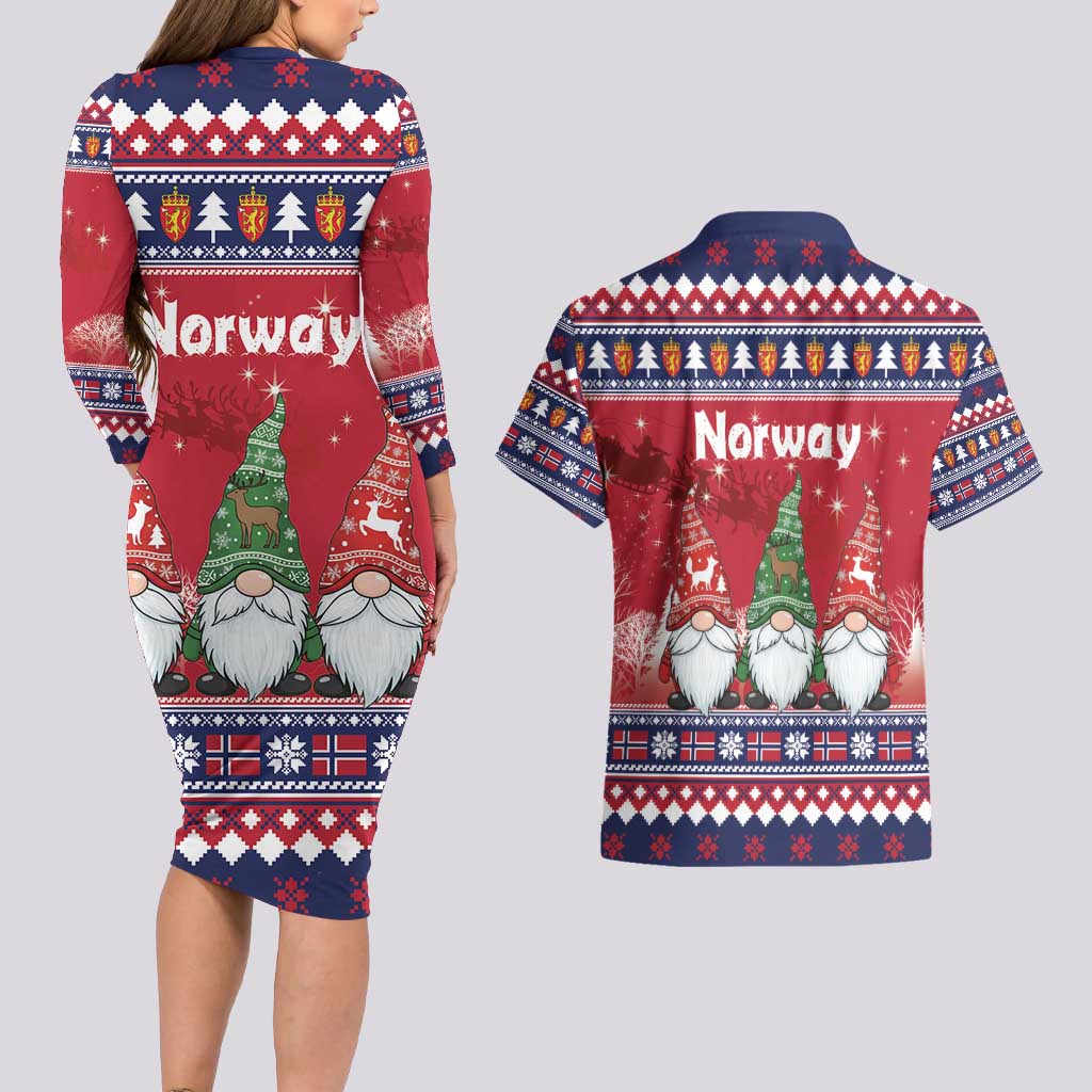 Norway Nisse Christmas Couples Matching Long Sleeve Bodycon Dress and Hawaiian Shirt God Jul Norwegian Christmas Pattern - Wonder Print Shop