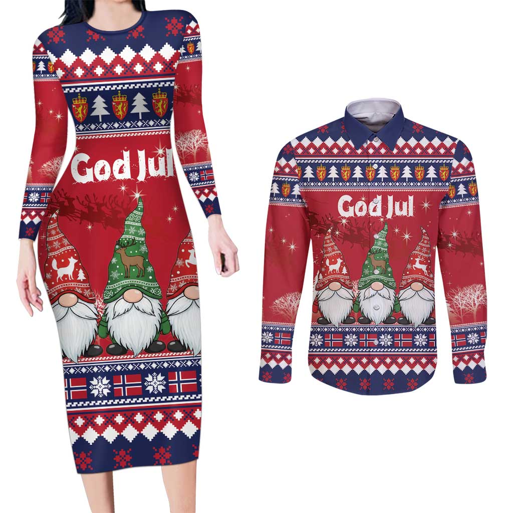 Norway Nisse Christmas Couples Matching Long Sleeve Bodycon Dress and Long Sleeve Button Shirt God Jul Norwegian Christmas Pattern - Wonder Print Shop
