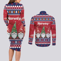 Norway Nisse Christmas Couples Matching Long Sleeve Bodycon Dress and Long Sleeve Button Shirt God Jul Norwegian Christmas Pattern - Wonder Print Shop