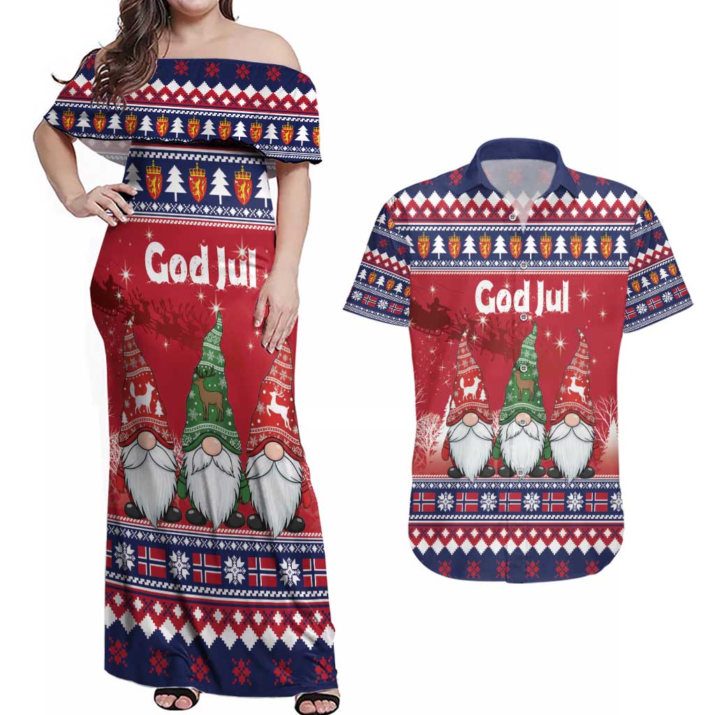 Norway Nisse Christmas Couples Matching Off Shoulder Maxi Dress and Hawaiian Shirt God Jul Norwegian Christmas Pattern - Wonder Print Shop