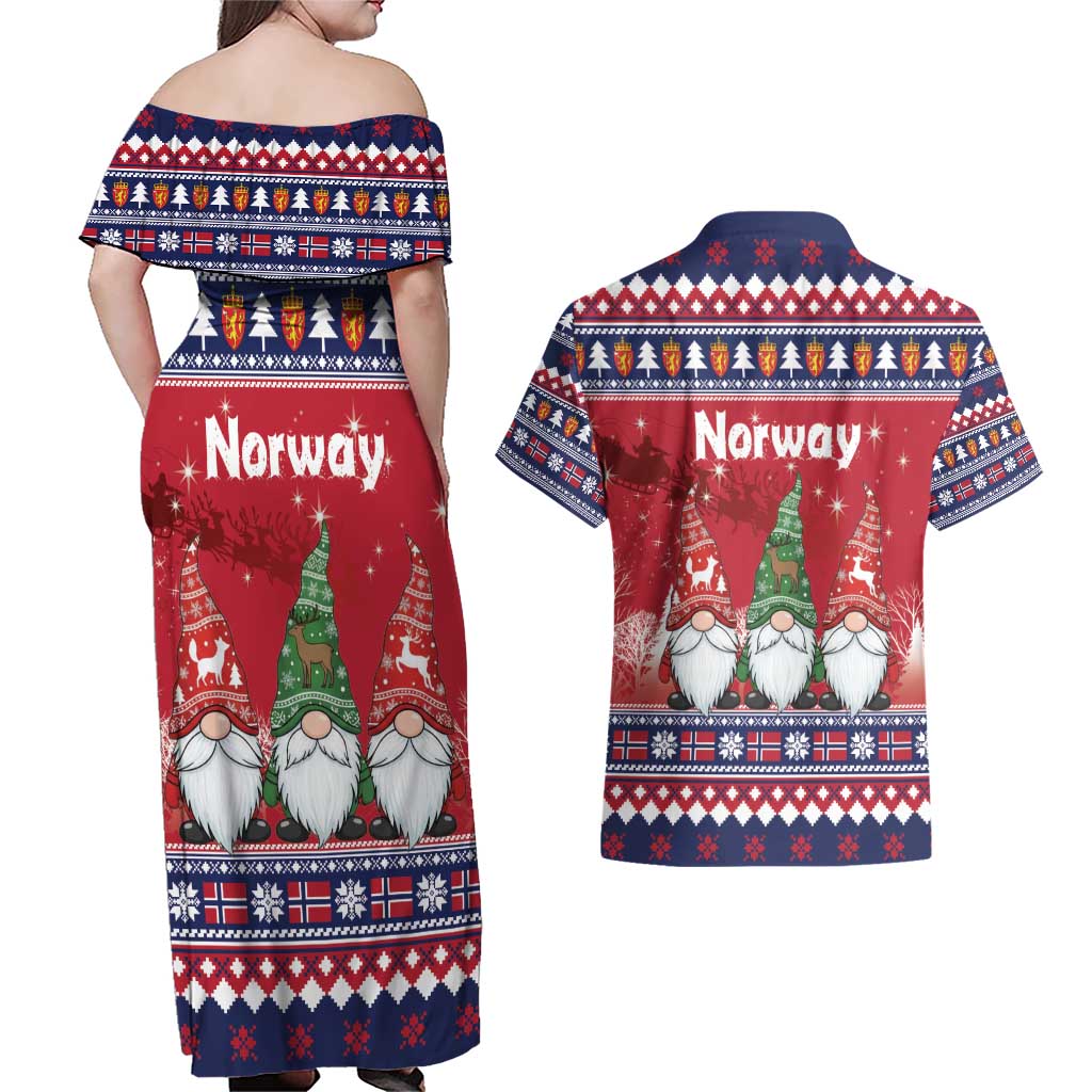 Norway Nisse Christmas Couples Matching Off Shoulder Maxi Dress and Hawaiian Shirt God Jul Norwegian Christmas Pattern - Wonder Print Shop