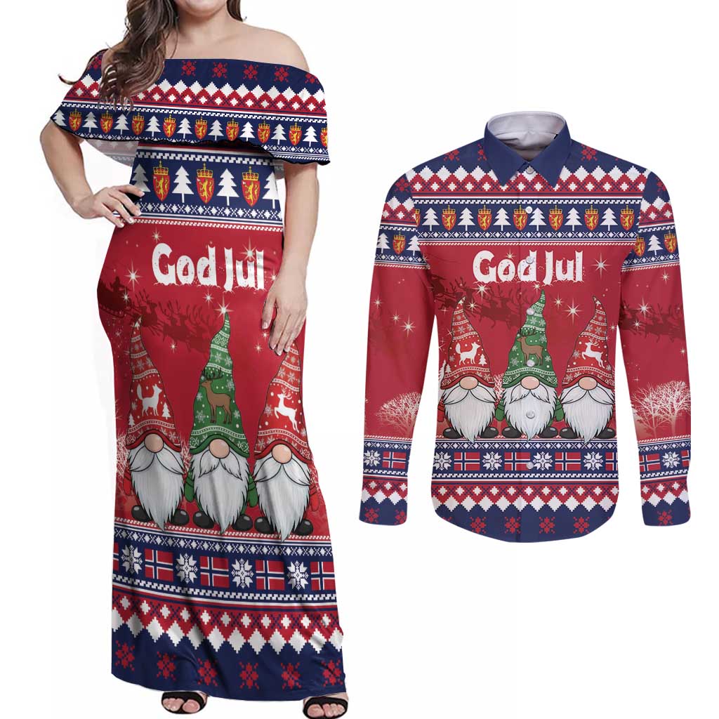 Norway Nisse Christmas Couples Matching Off Shoulder Maxi Dress and Long Sleeve Button Shirt God Jul Norwegian Christmas Pattern - Wonder Print Shop