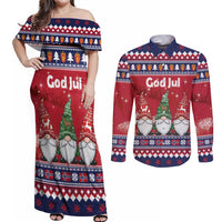 Norway Nisse Christmas Couples Matching Off Shoulder Maxi Dress and Long Sleeve Button Shirt God Jul Norwegian Christmas Pattern - Wonder Print Shop