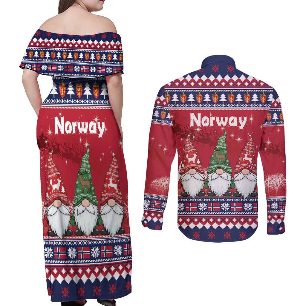 Norway Nisse Christmas Couples Matching Off Shoulder Maxi Dress and Long Sleeve Button Shirt God Jul Norwegian Christmas Pattern - Wonder Print Shop