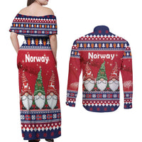 Norway Nisse Christmas Couples Matching Off Shoulder Maxi Dress and Long Sleeve Button Shirt God Jul Norwegian Christmas Pattern - Wonder Print Shop