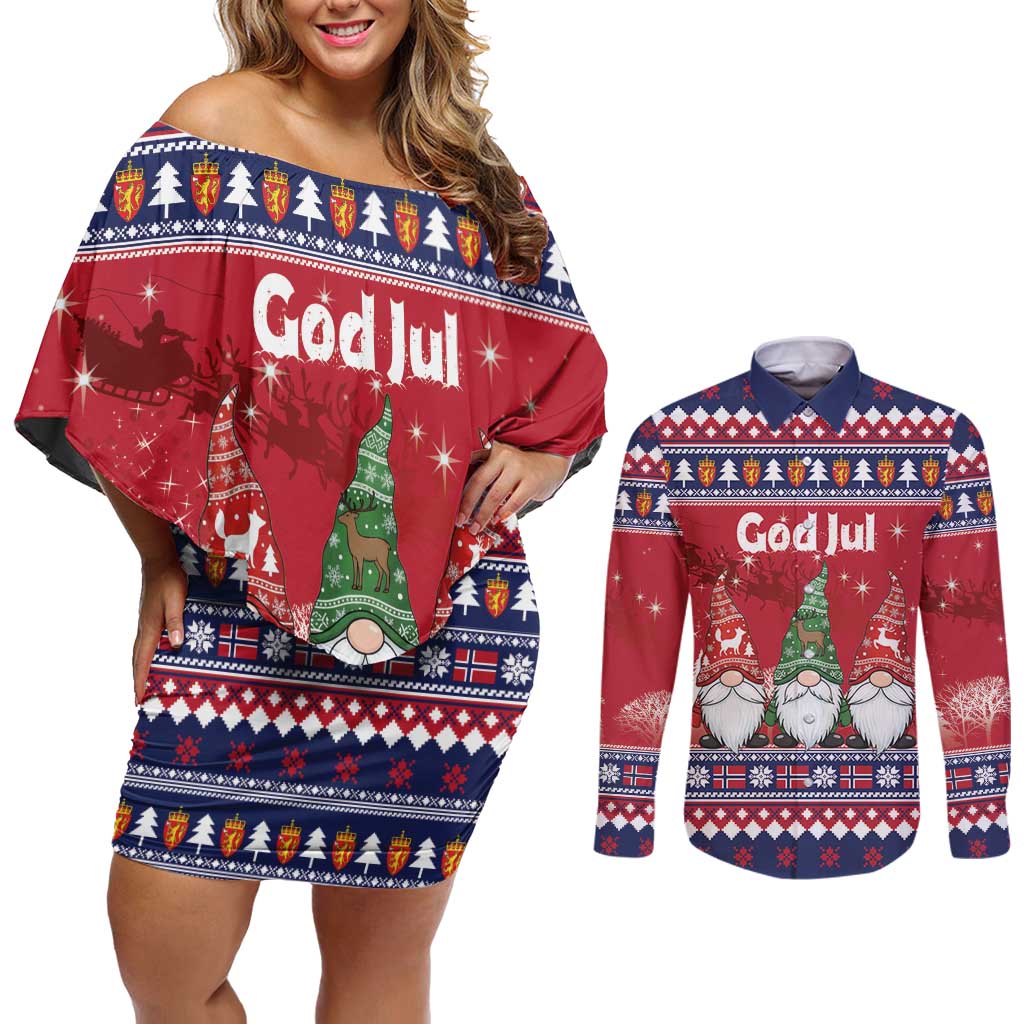 Norway Nisse Christmas Couples Matching Off Shoulder Short Dress and Long Sleeve Button Shirt God Jul Norwegian Christmas Pattern - Wonder Print Shop