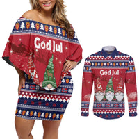 Norway Nisse Christmas Couples Matching Off Shoulder Short Dress and Long Sleeve Button Shirt God Jul Norwegian Christmas Pattern - Wonder Print Shop