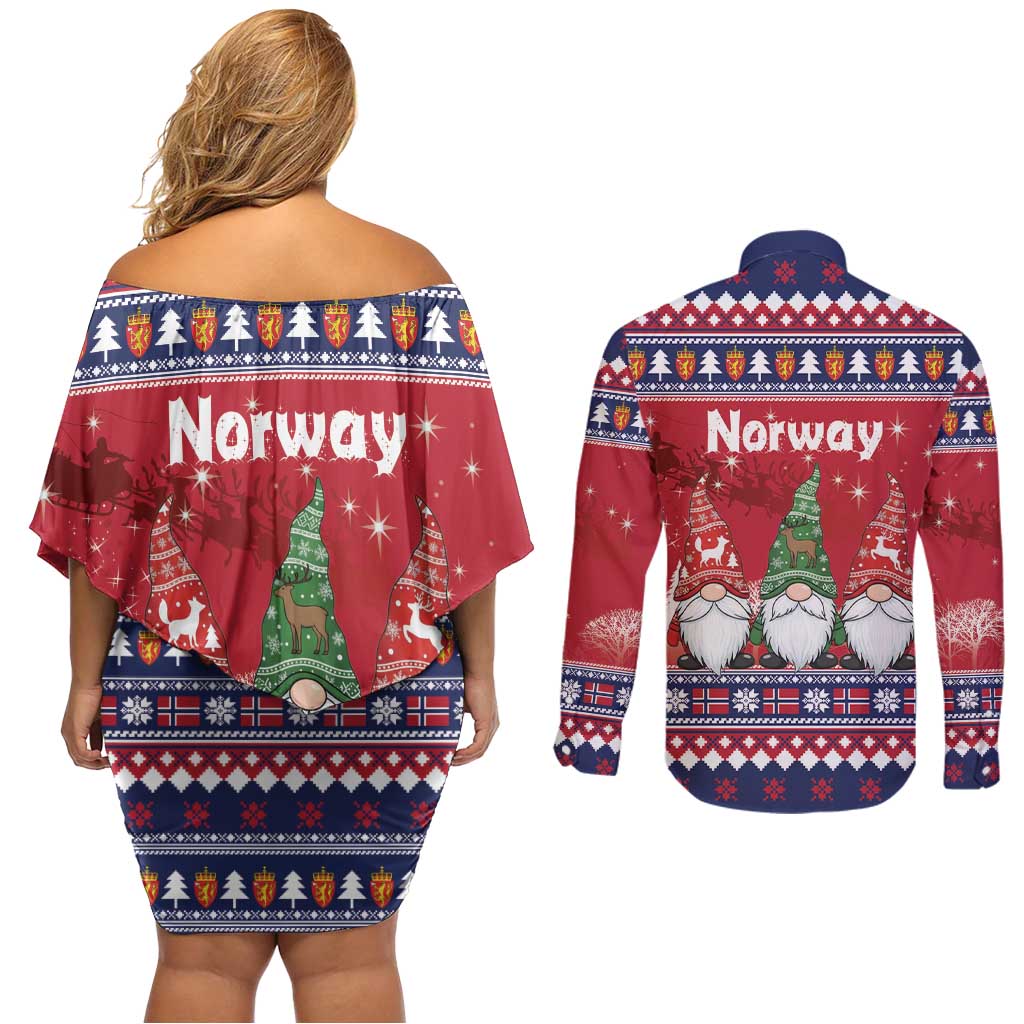 Norway Nisse Christmas Couples Matching Off Shoulder Short Dress and Long Sleeve Button Shirt God Jul Norwegian Christmas Pattern - Wonder Print Shop