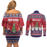 Norway Nisse Christmas Couples Matching Off Shoulder Short Dress and Long Sleeve Button Shirt God Jul Norwegian Christmas Pattern - Wonder Print Shop