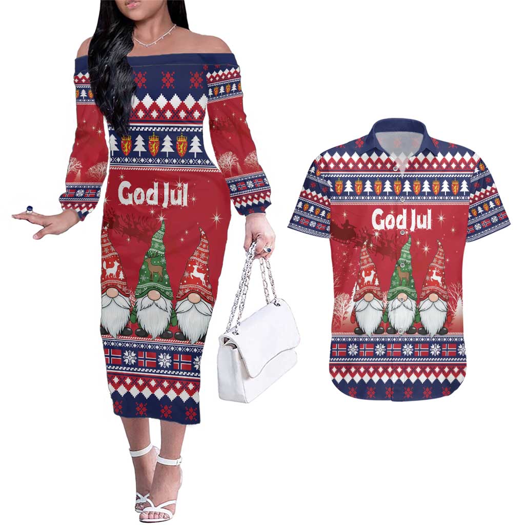 Norway Nisse Christmas Couples Matching Off The Shoulder Long Sleeve Dress and Hawaiian Shirt God Jul Norwegian Christmas Pattern - Wonder Print Shop