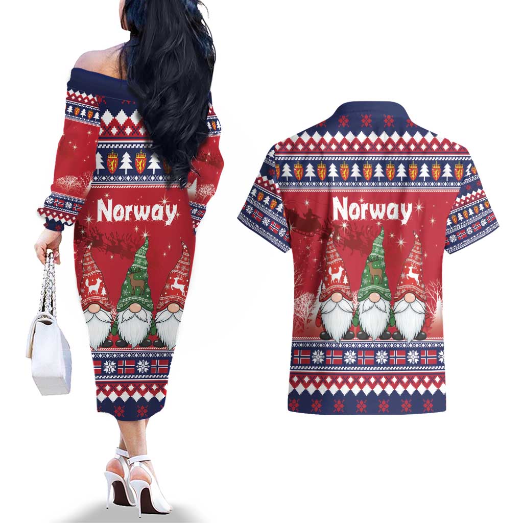 Norway Nisse Christmas Couples Matching Off The Shoulder Long Sleeve Dress and Hawaiian Shirt God Jul Norwegian Christmas Pattern - Wonder Print Shop