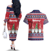 Norway Nisse Christmas Couples Matching Off The Shoulder Long Sleeve Dress and Hawaiian Shirt God Jul Norwegian Christmas Pattern - Wonder Print Shop