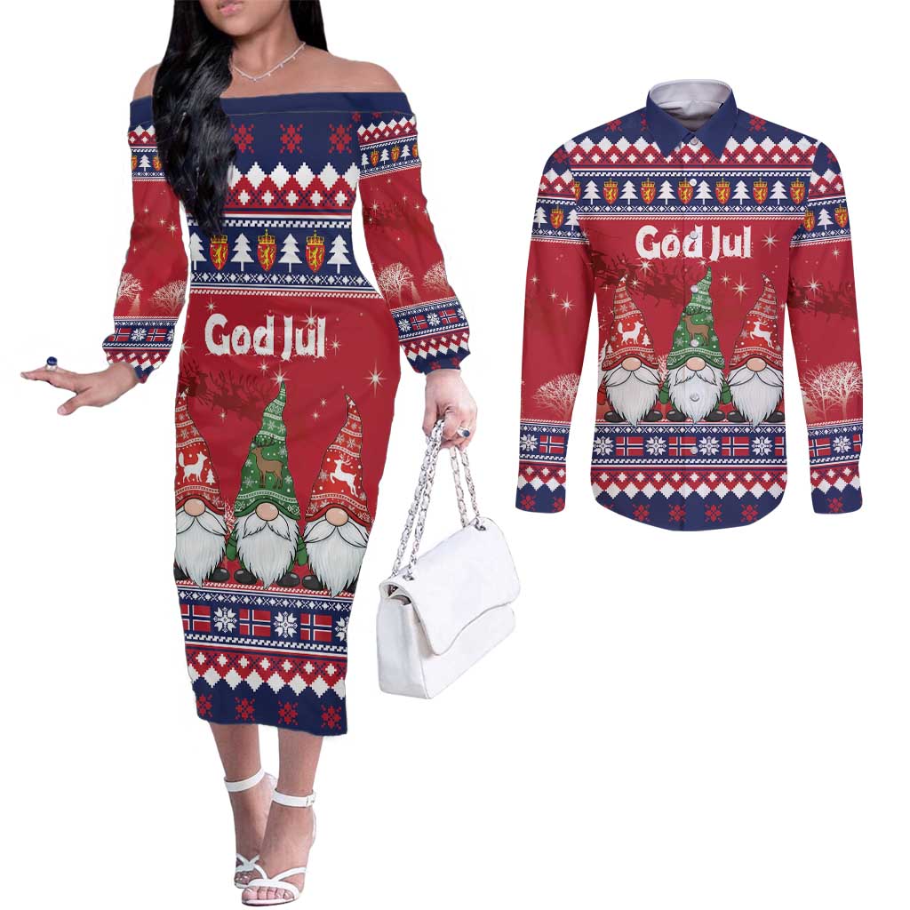 Norway Nisse Christmas Couples Matching Off The Shoulder Long Sleeve Dress and Long Sleeve Button Shirt God Jul Norwegian Christmas Pattern - Wonder Print Shop