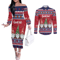 Norway Nisse Christmas Couples Matching Off The Shoulder Long Sleeve Dress and Long Sleeve Button Shirt God Jul Norwegian Christmas Pattern - Wonder Print Shop