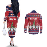 Norway Nisse Christmas Couples Matching Off The Shoulder Long Sleeve Dress and Long Sleeve Button Shirt God Jul Norwegian Christmas Pattern - Wonder Print Shop