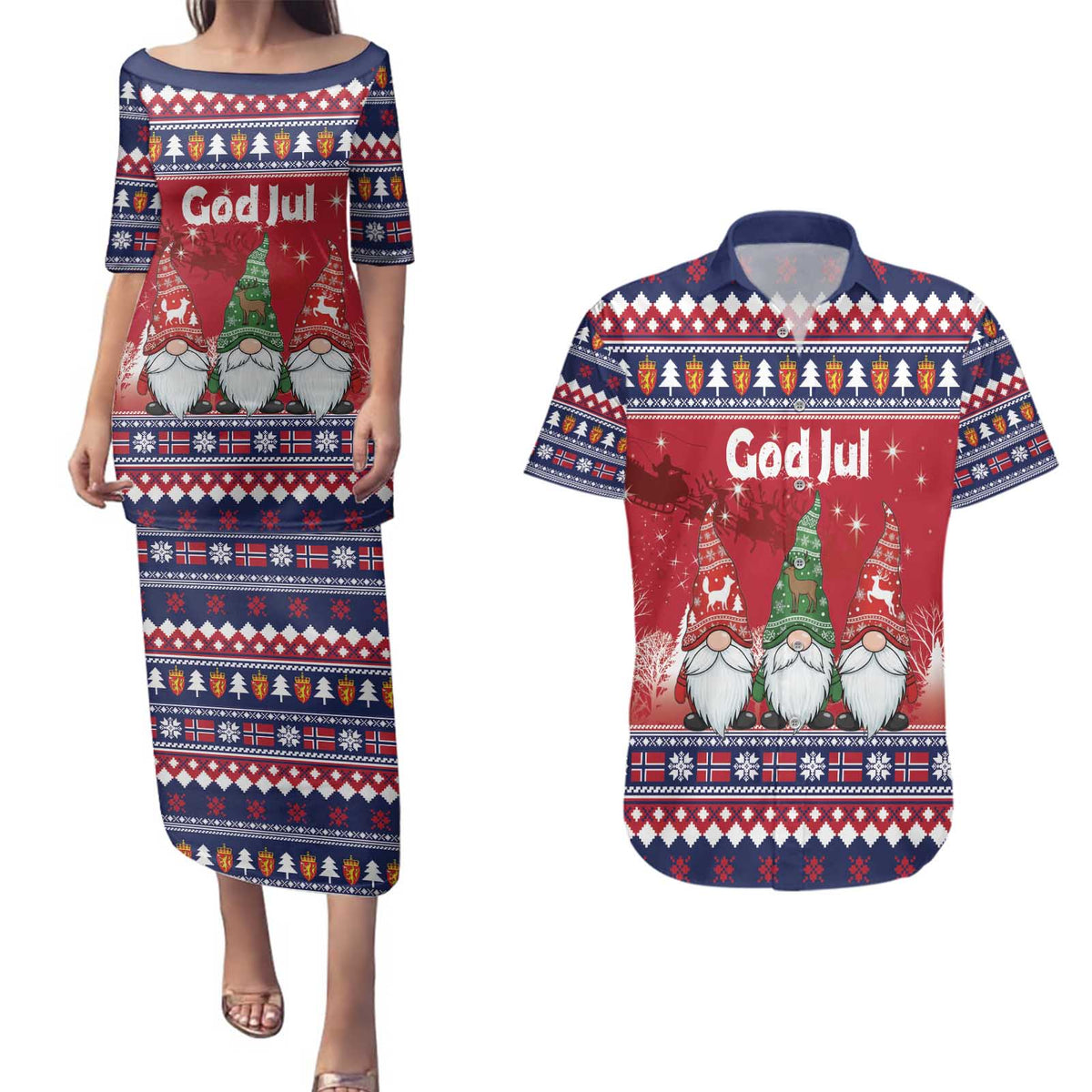 Norway Nisse Christmas Couples Matching Puletasi and Hawaiian Shirt God Jul Norwegian Christmas Pattern - Wonder Print Shop