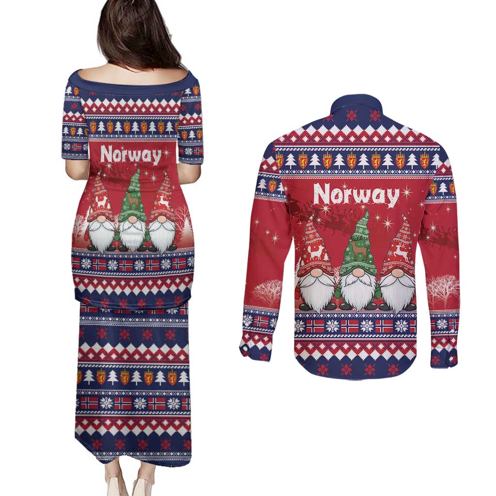 Norway Nisse Christmas Couples Matching Puletasi and Long Sleeve Button Shirt God Jul Norwegian Christmas Pattern - Wonder Print Shop