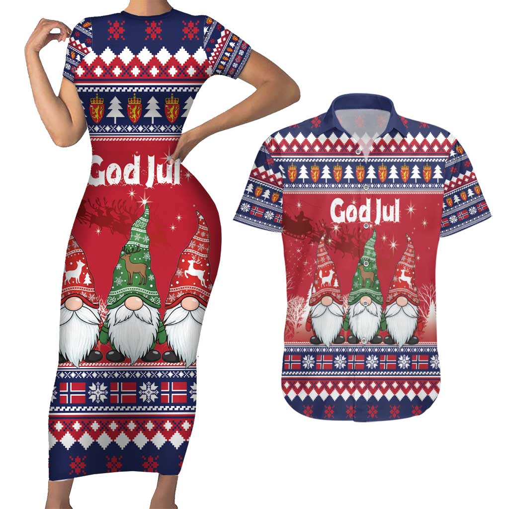 Norway Nisse Christmas Couples Matching Short Sleeve Bodycon Dress and Hawaiian Shirt God Jul Norwegian Christmas Pattern - Wonder Print Shop