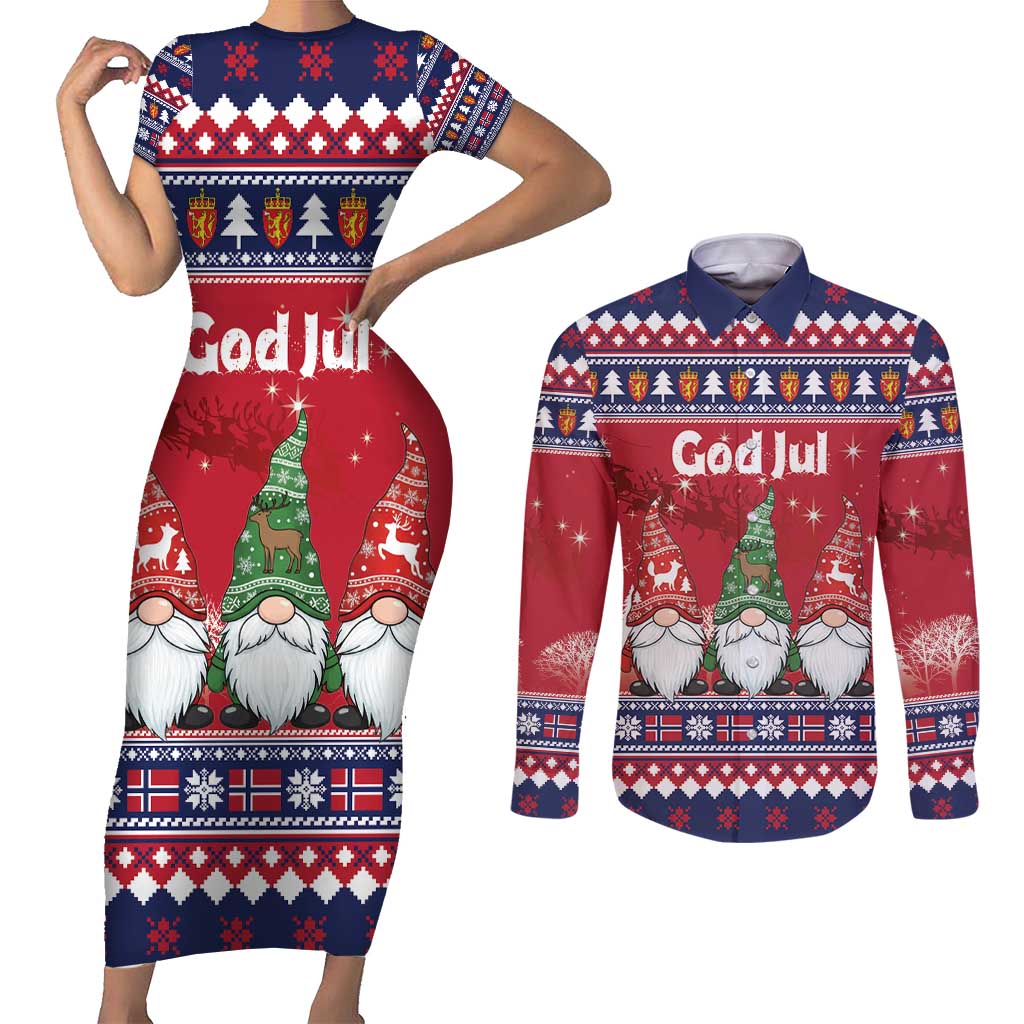Norway Nisse Christmas Couples Matching Short Sleeve Bodycon Dress and Long Sleeve Button Shirt God Jul Norwegian Christmas Pattern - Wonder Print Shop