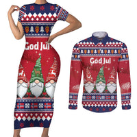 Norway Nisse Christmas Couples Matching Short Sleeve Bodycon Dress and Long Sleeve Button Shirt God Jul Norwegian Christmas Pattern - Wonder Print Shop