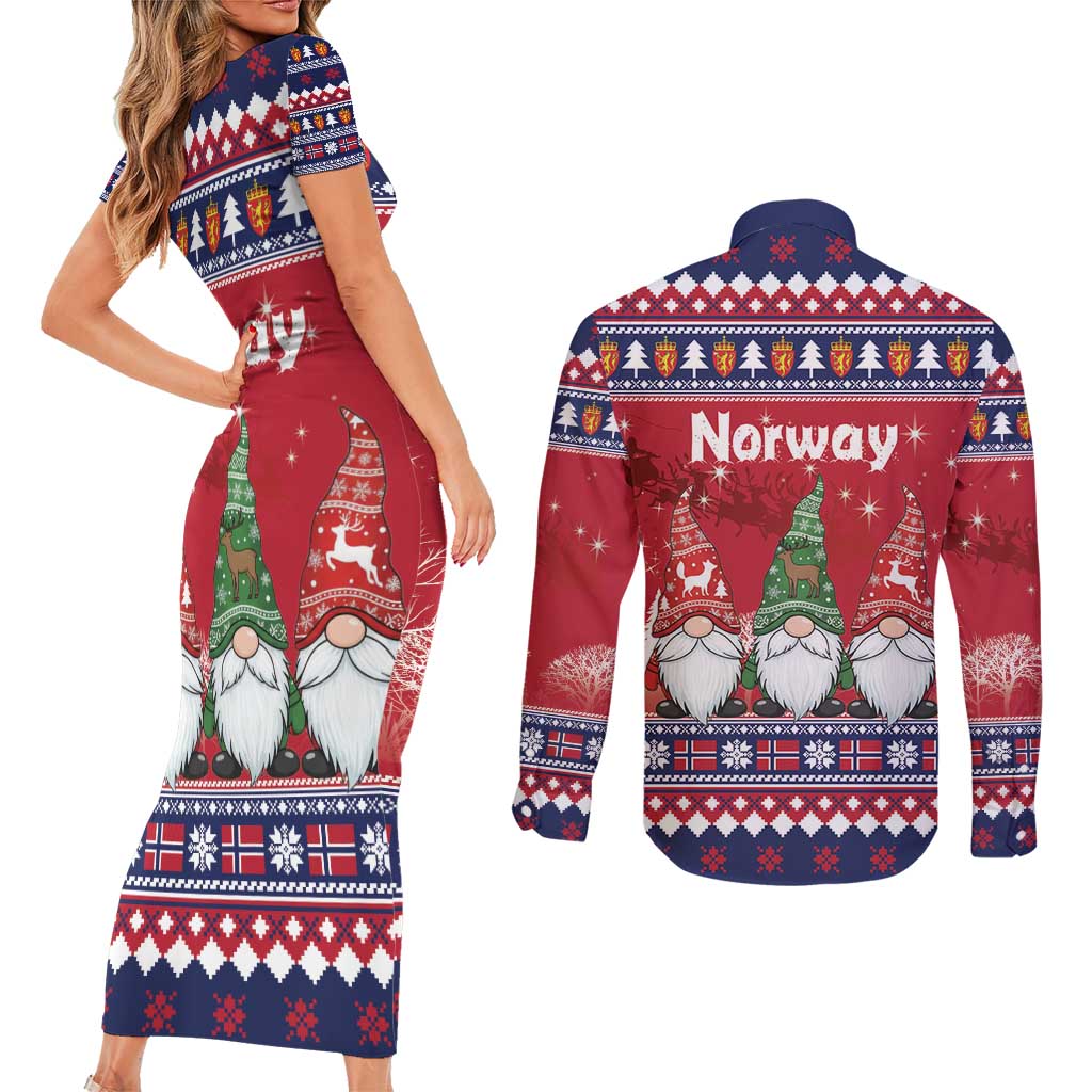 Norway Nisse Christmas Couples Matching Short Sleeve Bodycon Dress and Long Sleeve Button Shirt God Jul Norwegian Christmas Pattern - Wonder Print Shop