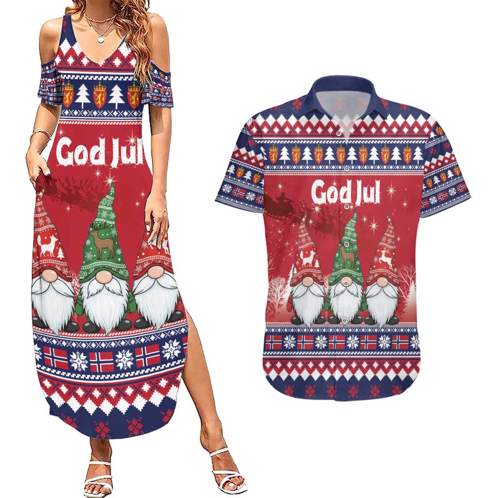 Norway Nisse Christmas Couples Matching Summer Maxi Dress and Hawaiian Shirt God Jul Norwegian Christmas Pattern - Wonder Print Shop