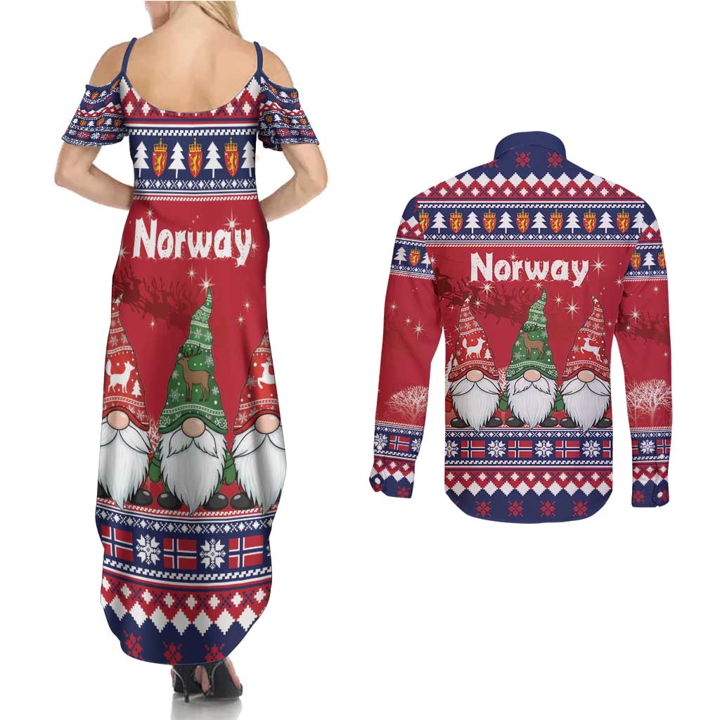 Norway Nisse Christmas Couples Matching Summer Maxi Dress and Long Sleeve Button Shirt God Jul Norwegian Christmas Pattern - Wonder Print Shop