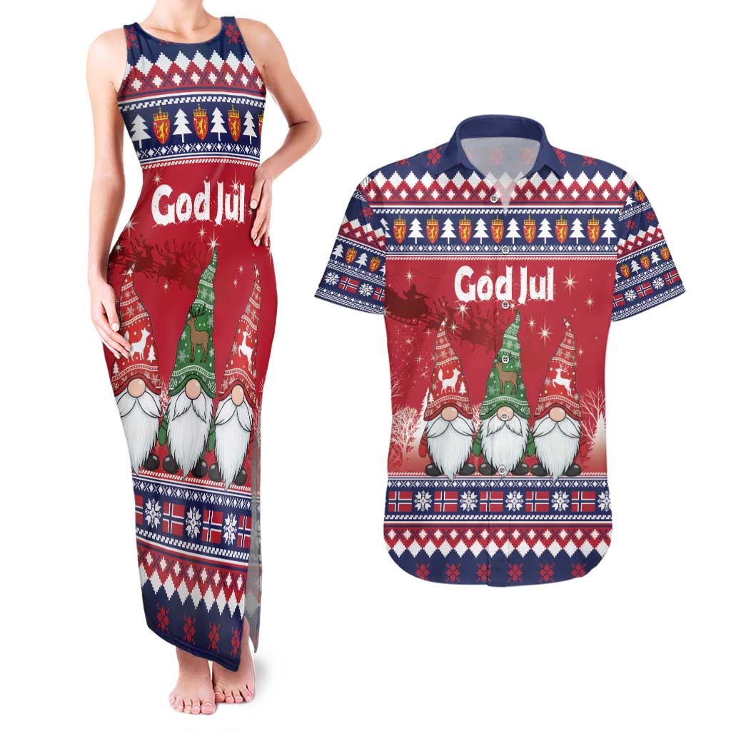 Norway Nisse Christmas Couples Matching Tank Maxi Dress and Hawaiian Shirt God Jul Norwegian Christmas Pattern - Wonder Print Shop